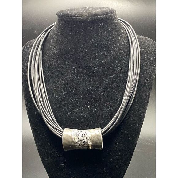 Black multi strand necklace with treated cord silver tone filigree rhinestone pe - Picture 2 of 8